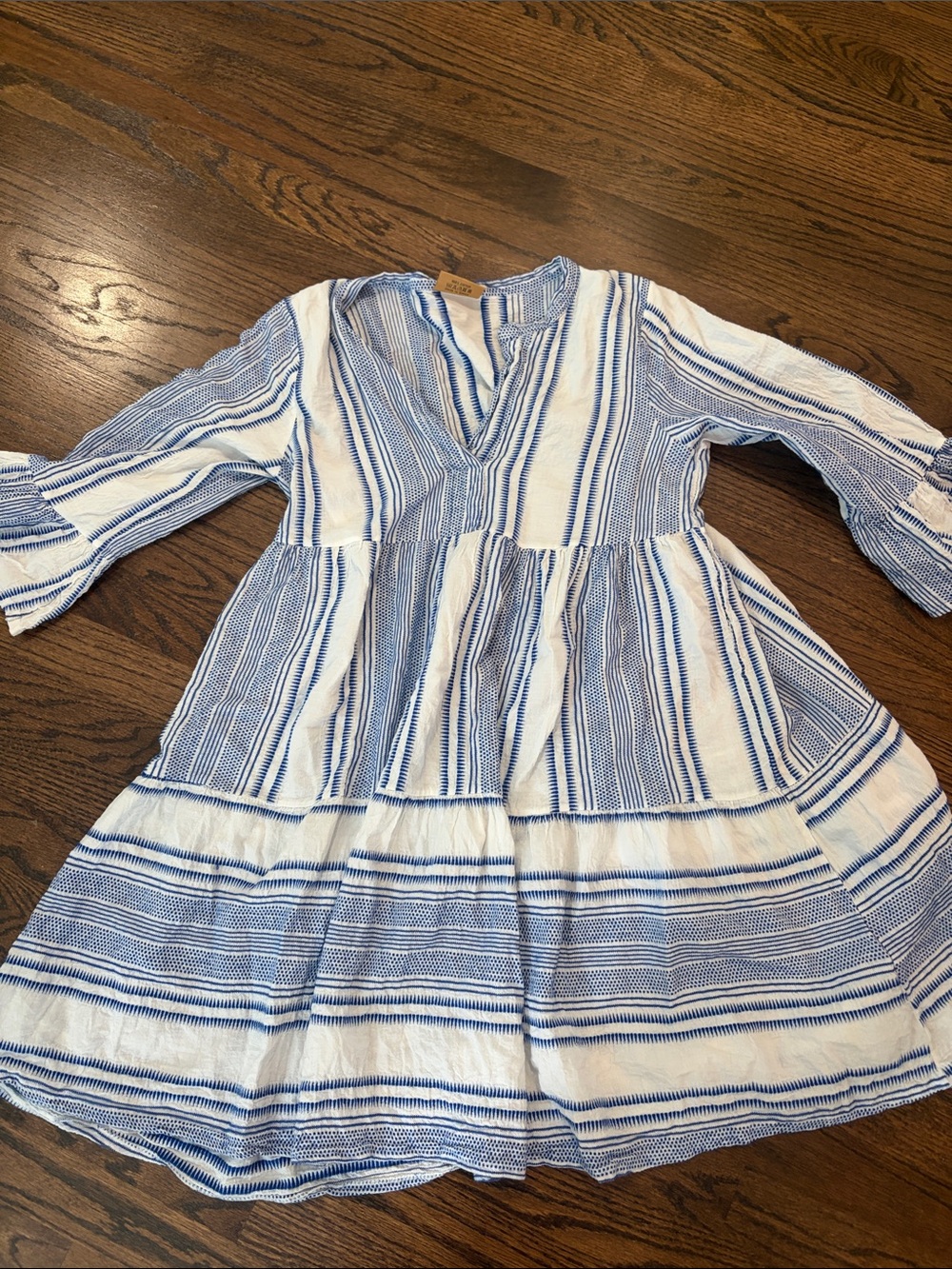 Purchased in Greece! Blue and White Striped Casual Tiered V-Neck Dress